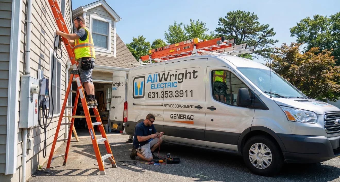 All Wright Electric technicians working beside their lettered van at a house
