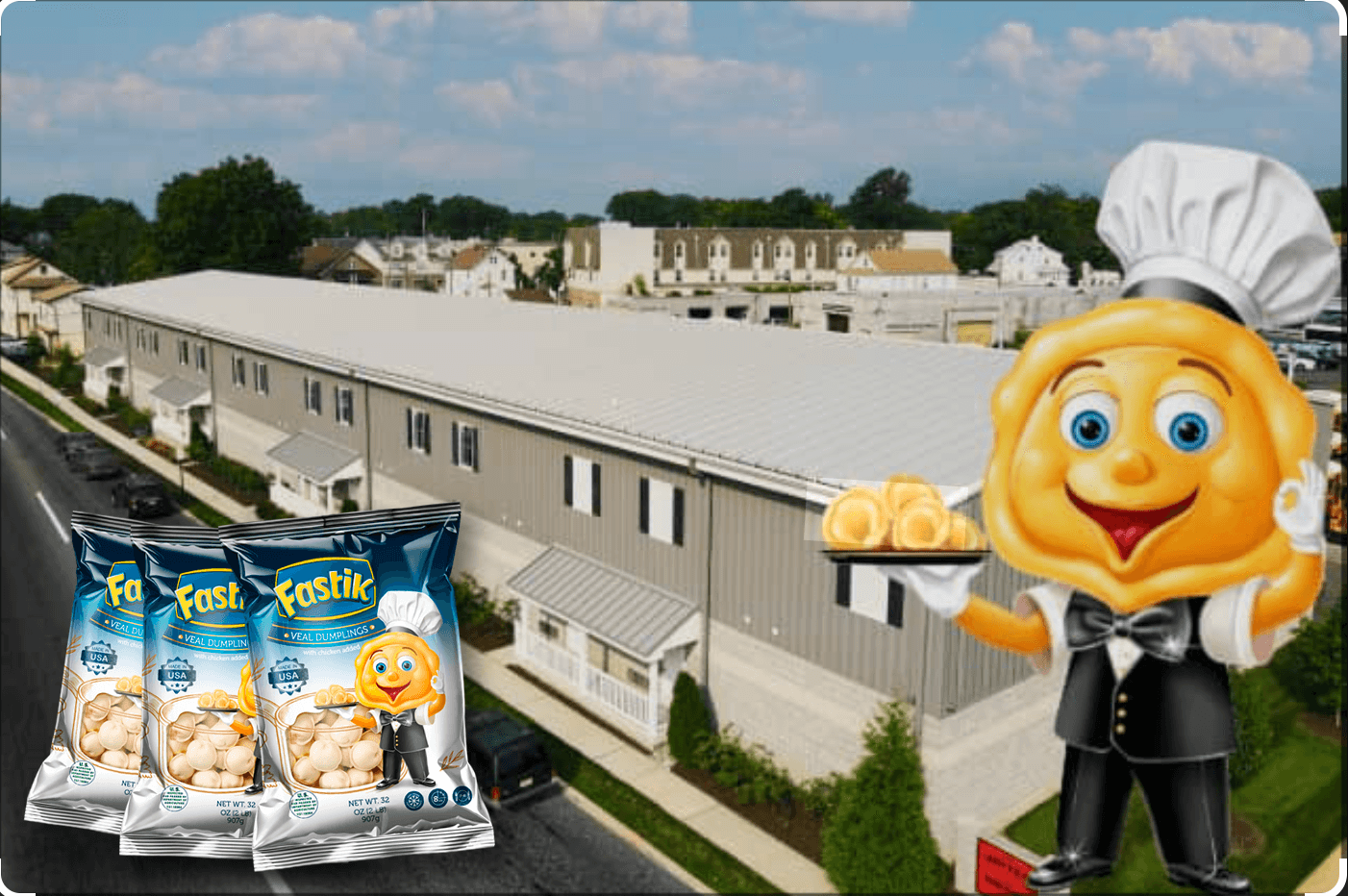 Aerial view of the Fastik dumpling factory with the brand mascot and three product bags