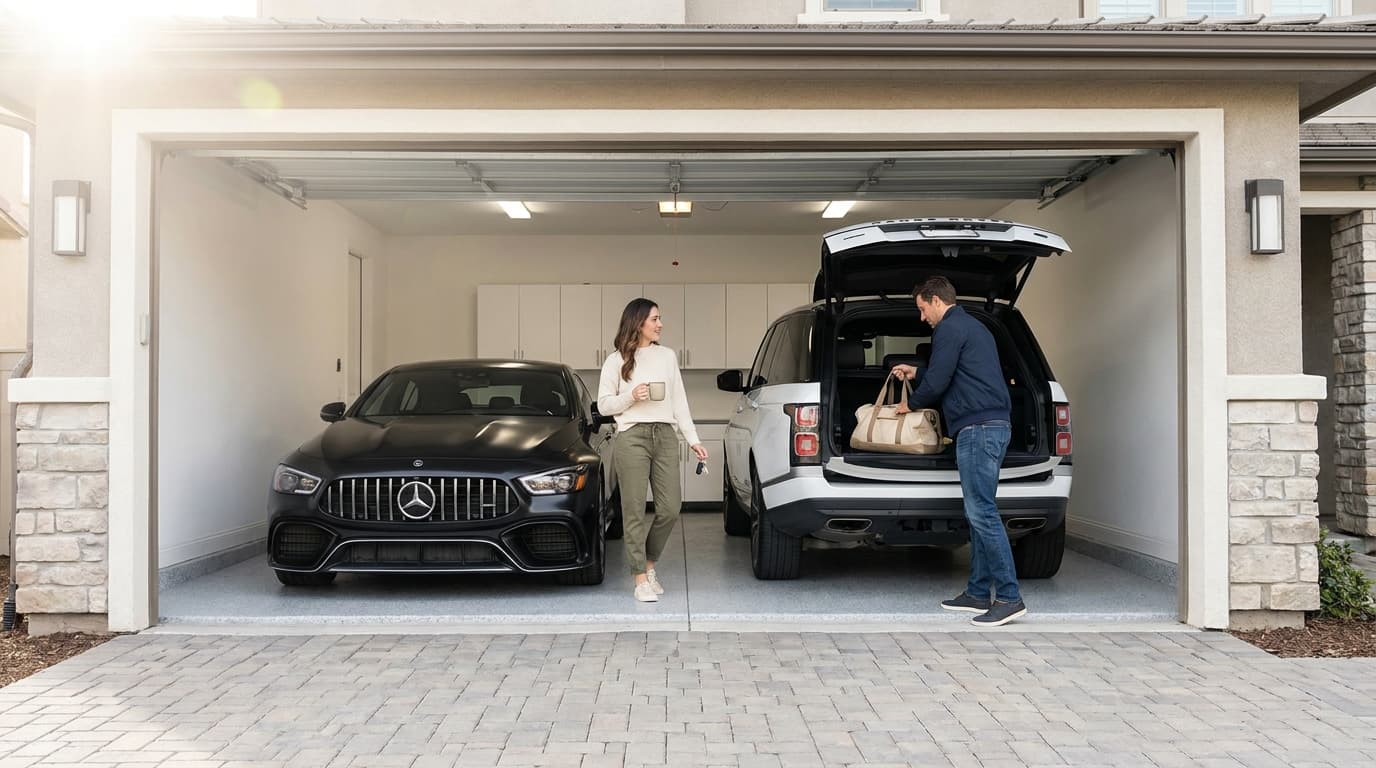 Couple loading a bag into a white Range Rover beside a black Mercedes-AMG in an open two-car garage