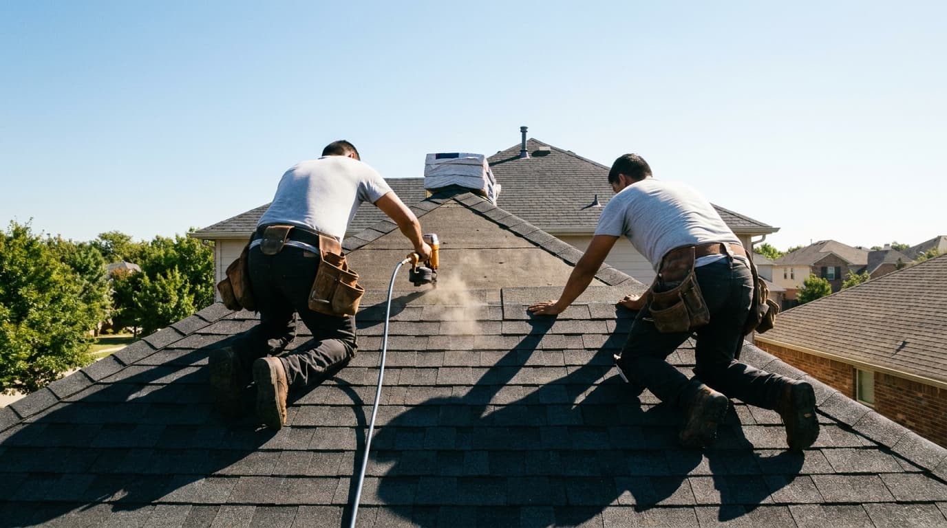 Two roofers kneeling on a shingle roof, one nailing a fresh row of shingles under a clear sky