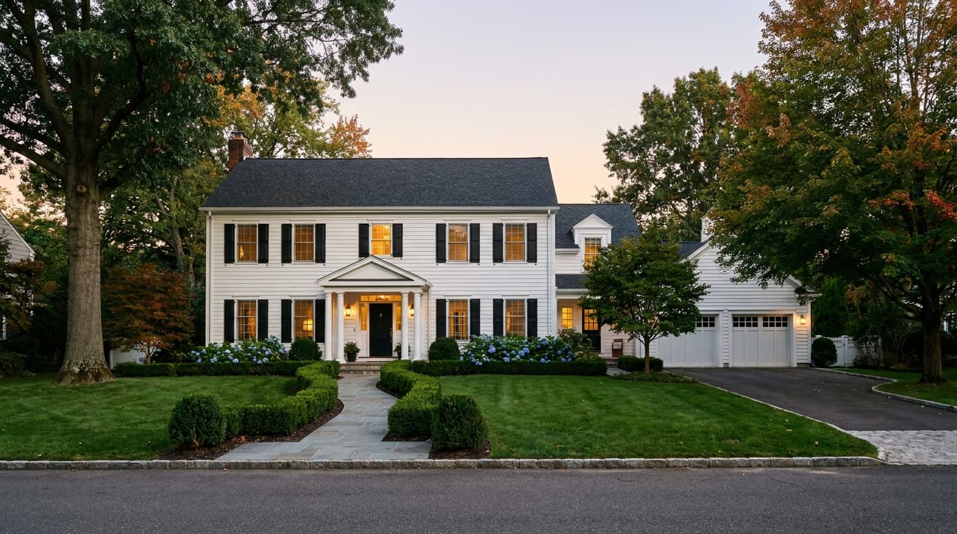 White two-story colonial with black shutters, a columned portico, and an attached two-car garage at dusk