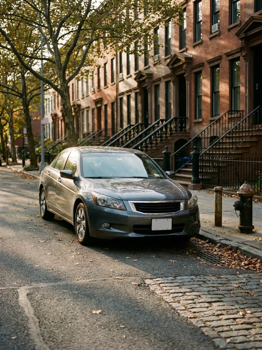 Dark gray sedan parked on a tree-lined Brooklyn street in front of brownstone stoops at golden hour