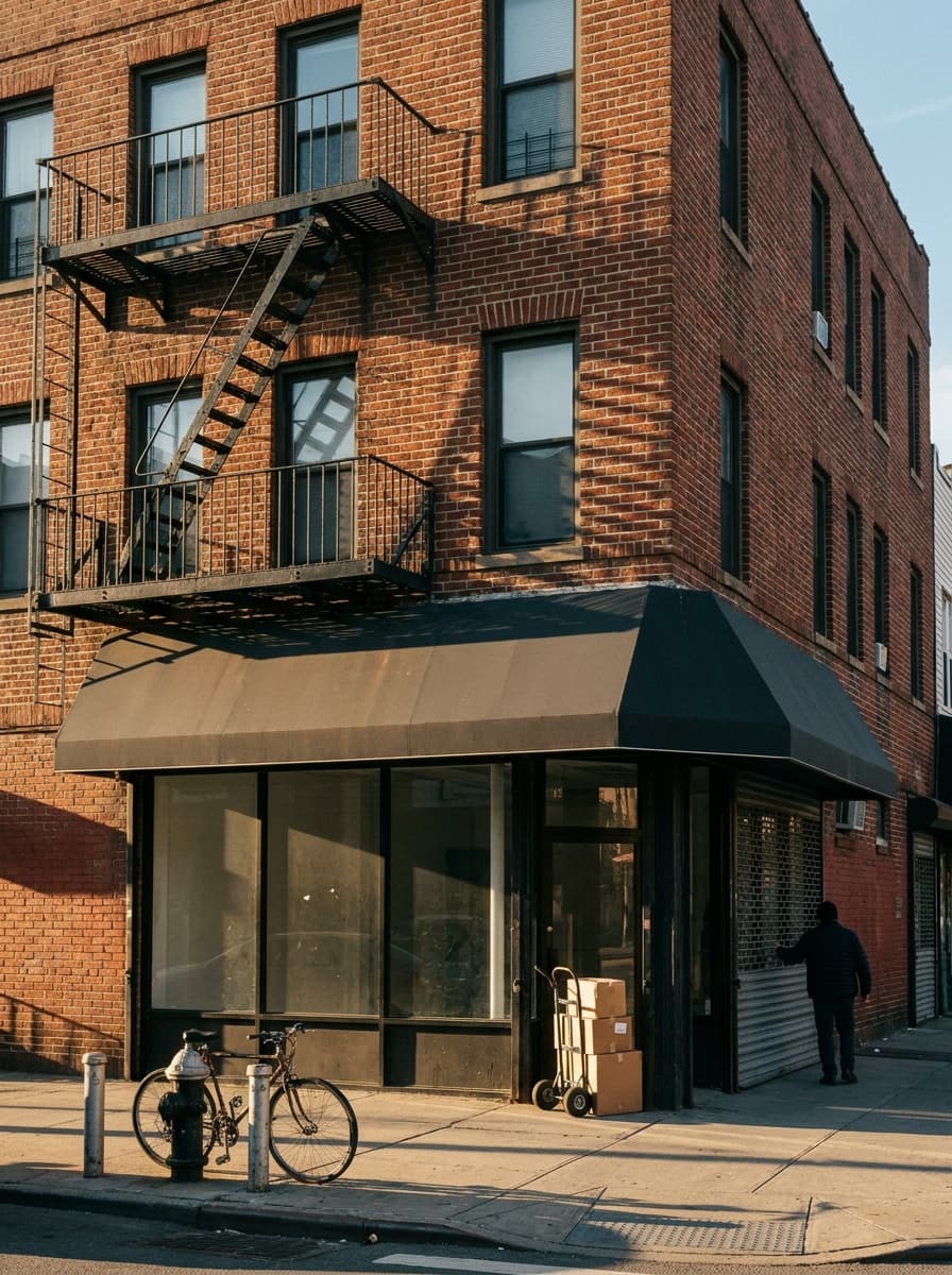 Red-brick corner building on a Brooklyn avenue with a navy awning and fire escape, a bicycle and hydrant at the curb, and a shopkeeper rolling up the gate
