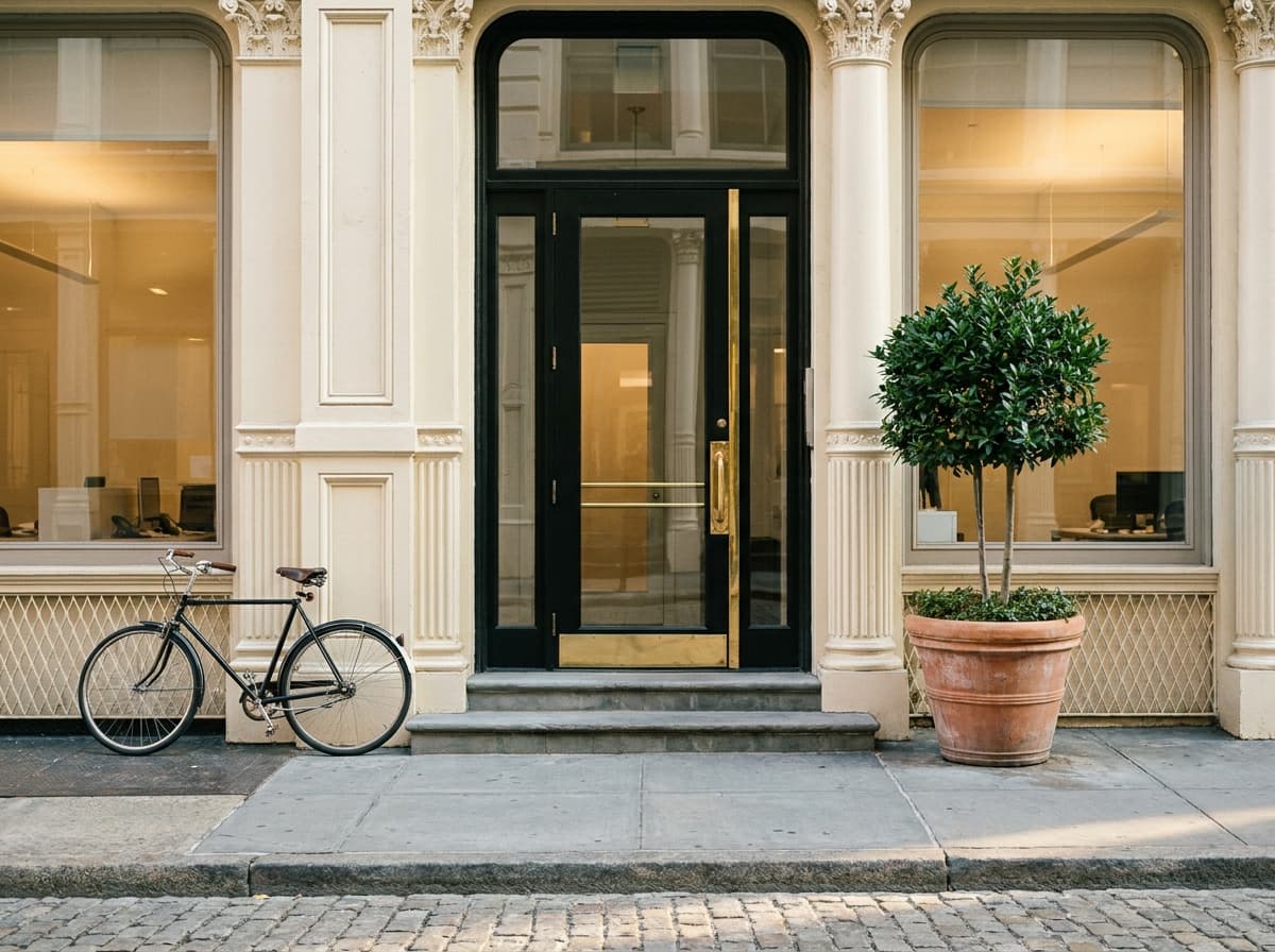 Street entrance of a cast-iron SoHo building with a black-framed glass door, a bay tree in a terracotta planter, and a bicycle at the curb