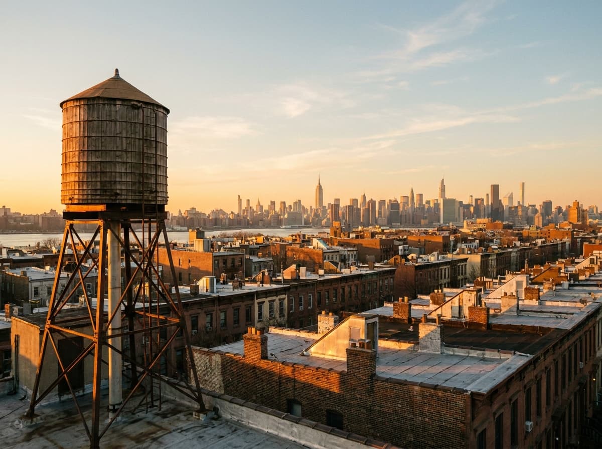 Wooden water tower on a Brooklyn rooftop at golden hour, brick rowhouse roofs below and the Manhattan skyline on the horizon