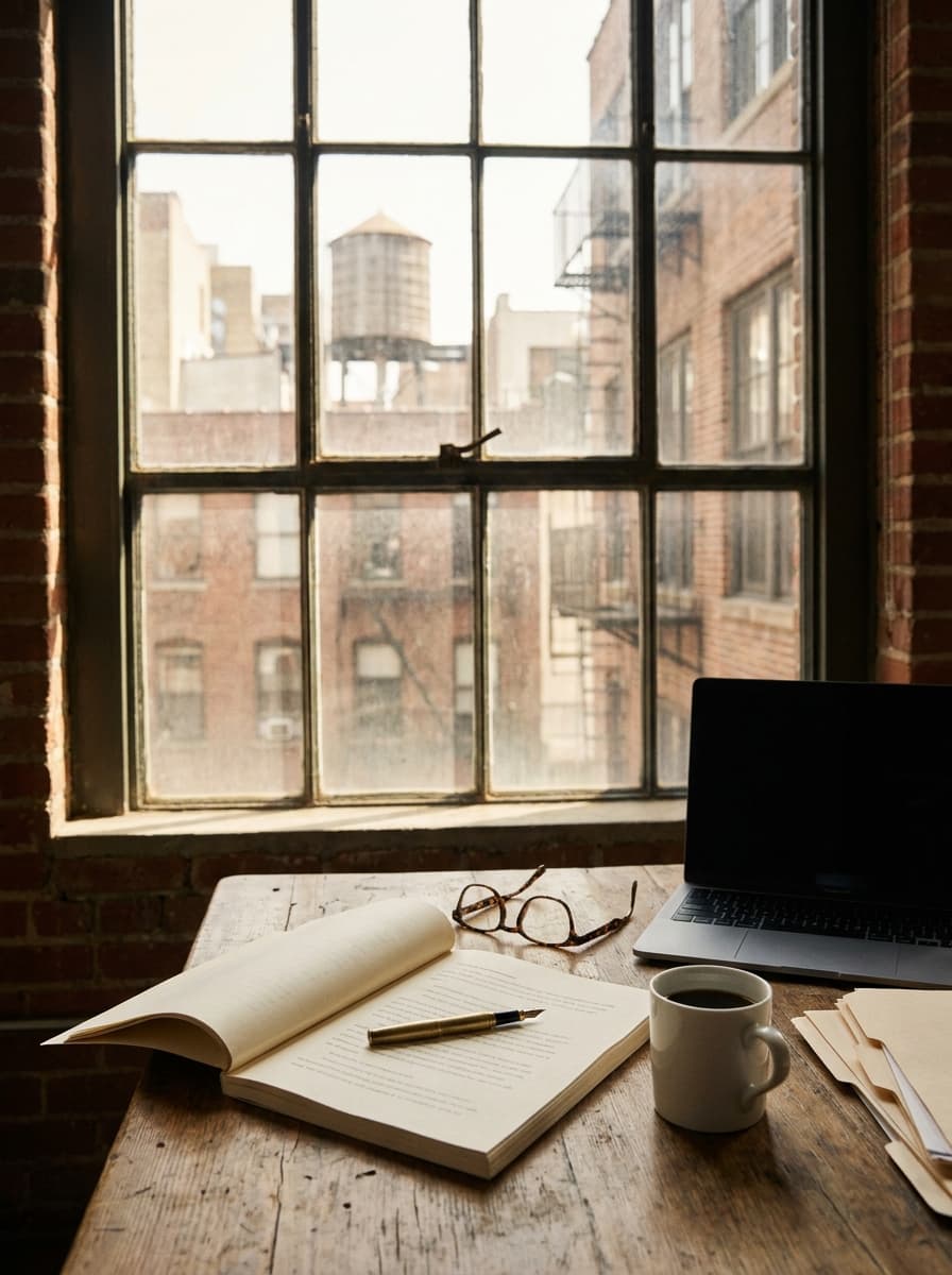 Broker's desk by a loft window with an open notebook, fountain pen, reading glasses, coffee, and a laptop; a water tower and fire escapes outside