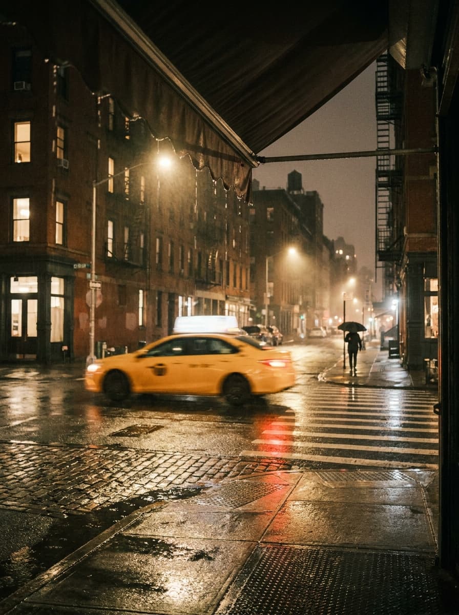 Rain-soaked Manhattan corner at night, a yellow taxi crossing the wet street and a pedestrian under an umbrella