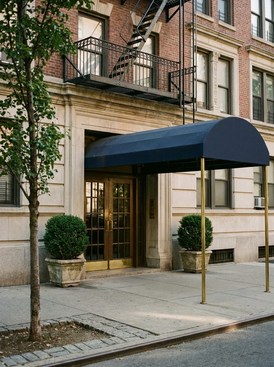 Condominium entrance with a navy canopy on brass poles, boxwood planters, and bronze-framed glass doors