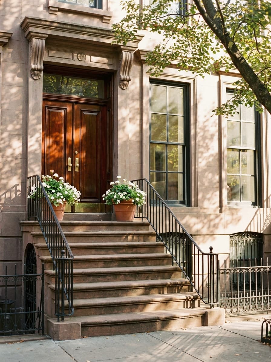 Brownstone stoop in Park Slope with black iron railings, a dark double door with brass hardware, and pots of white flowers on the steps