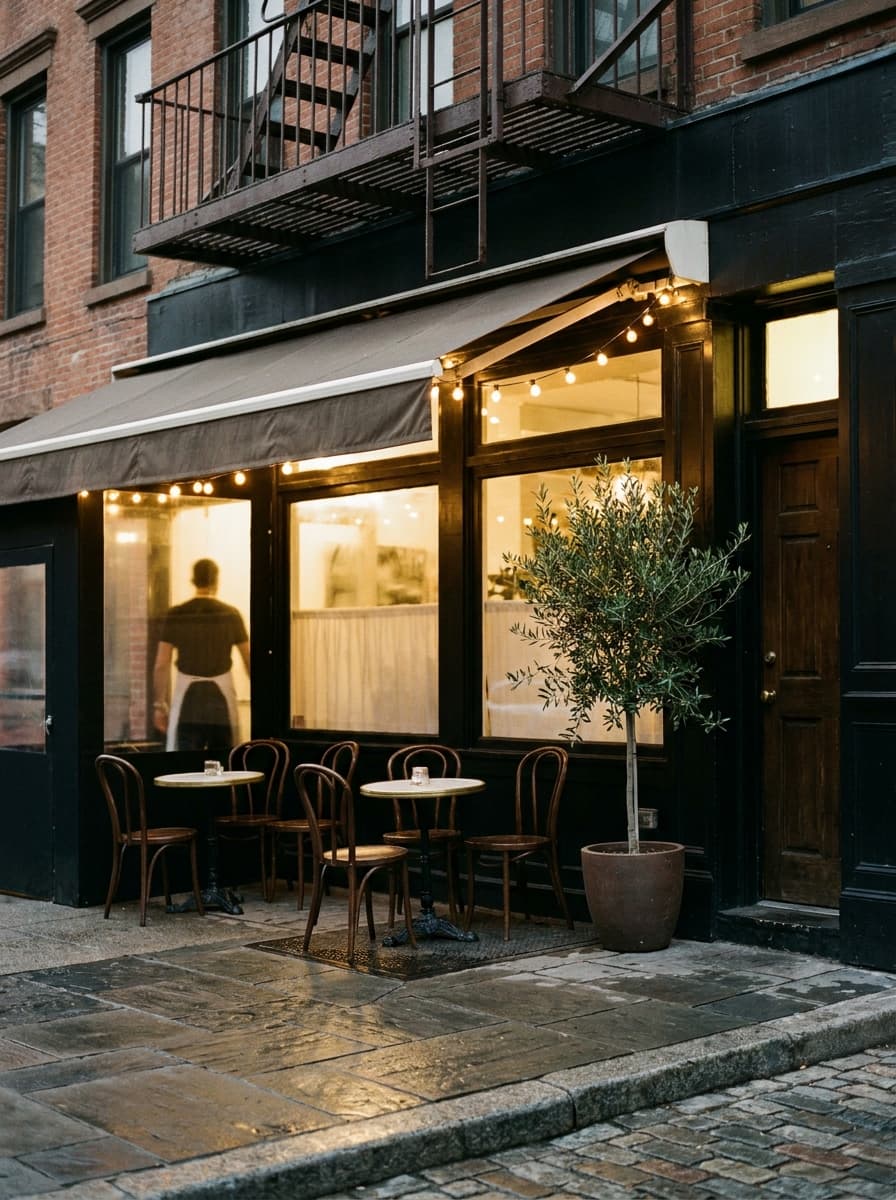Small Brooklyn restaurant at blue hour with glowing windows, bistro tables on the sidewalk, and a potted olive tree by the door